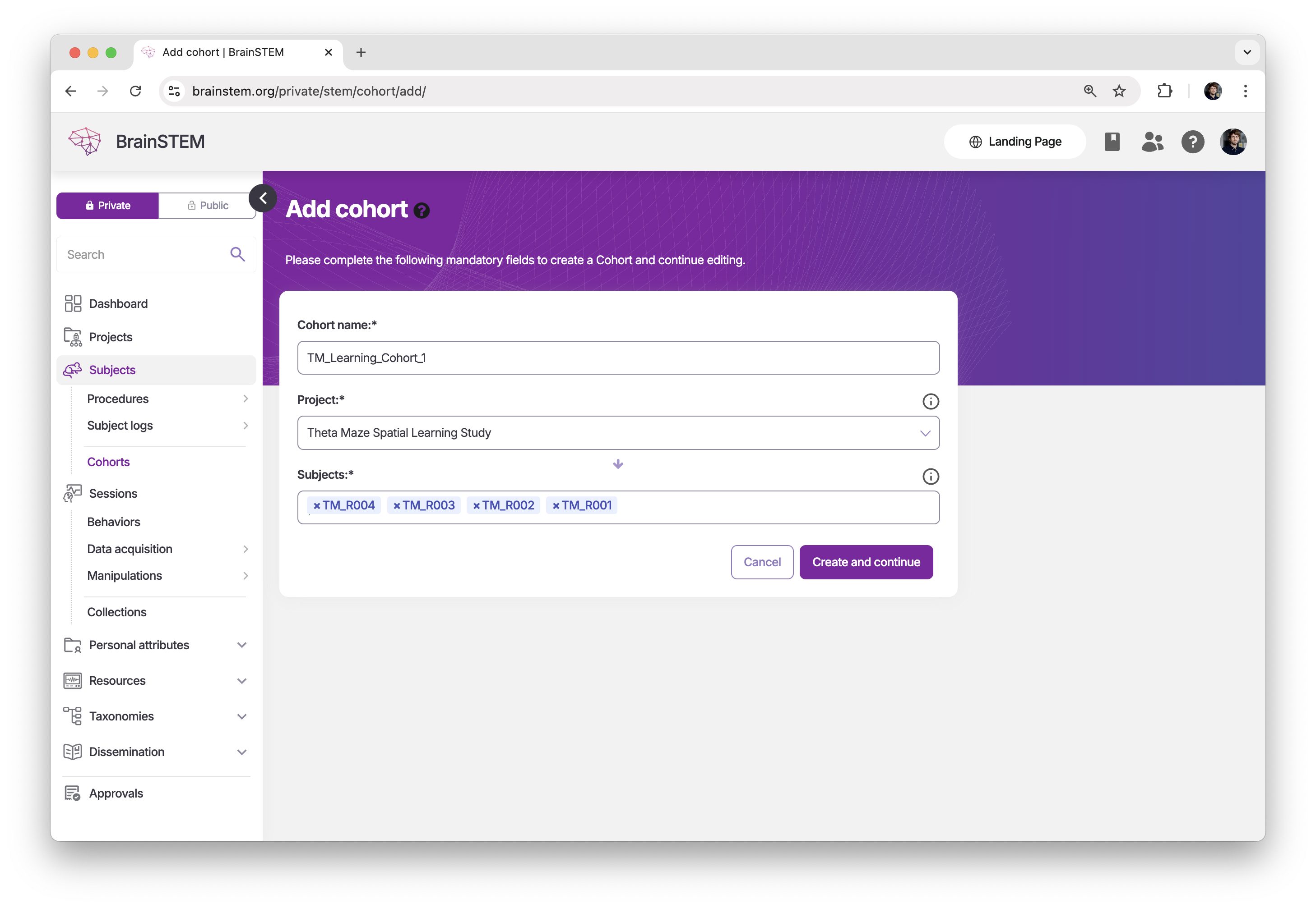 Cohort creation form