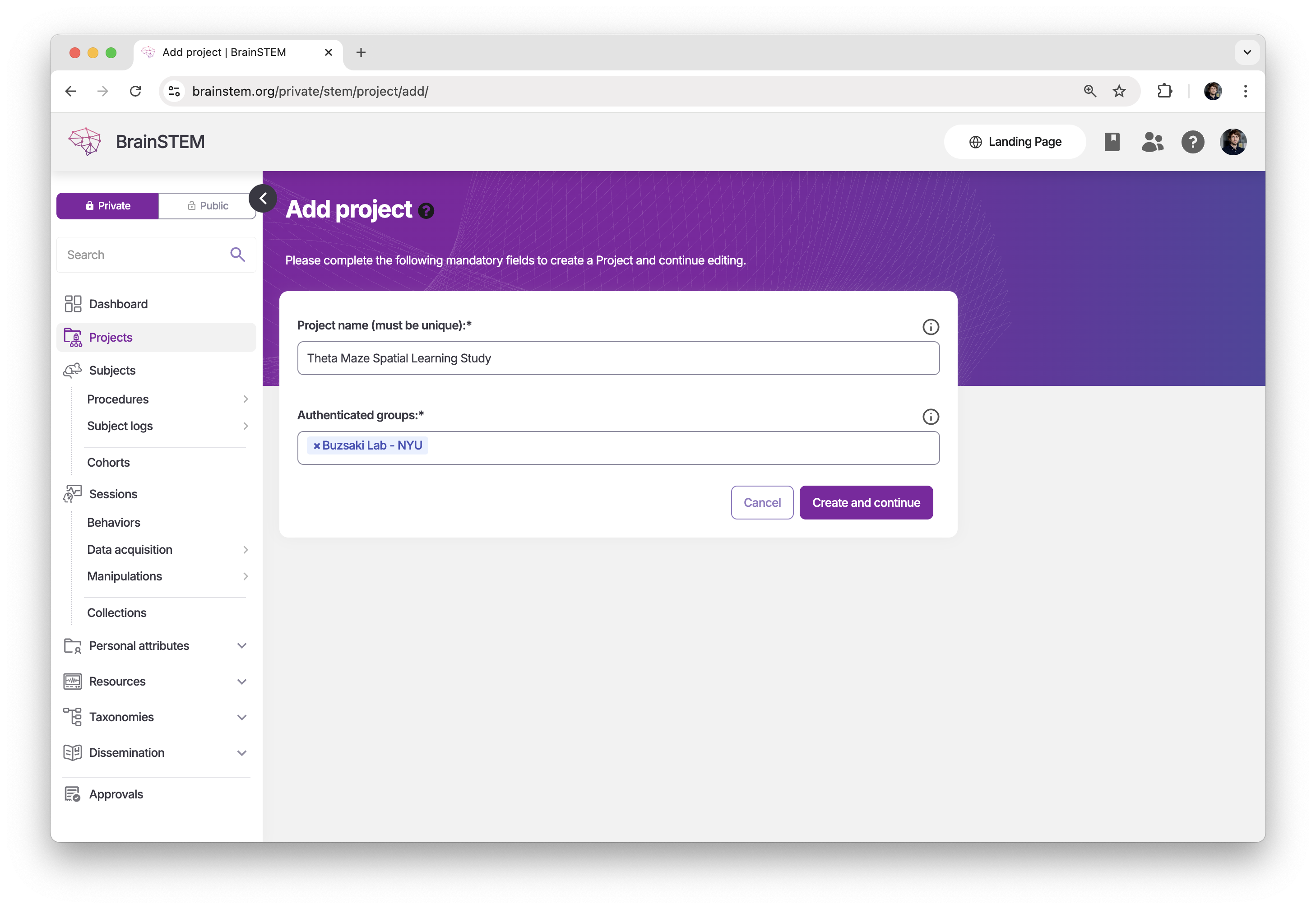 Project creation interface