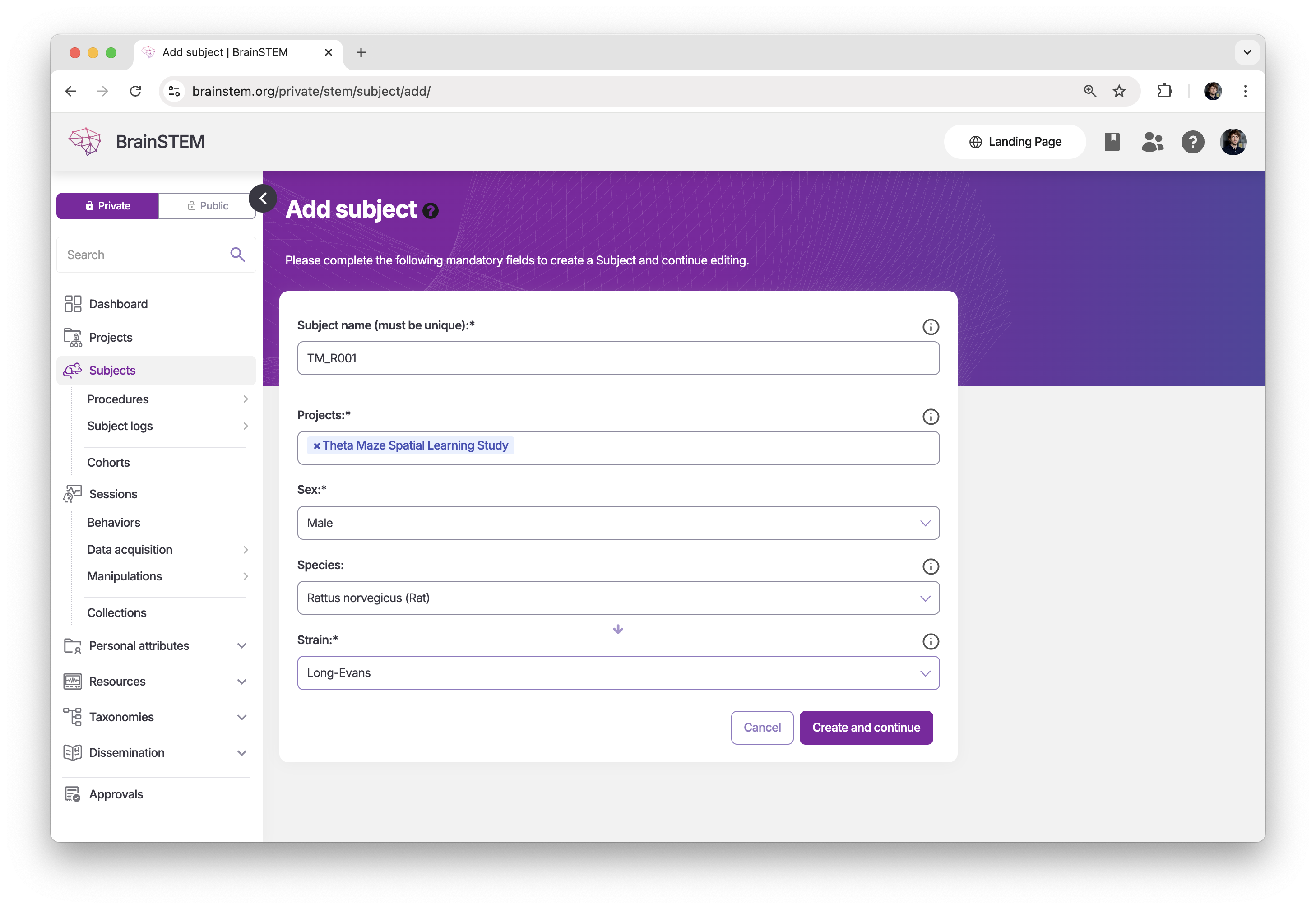Subject creation form